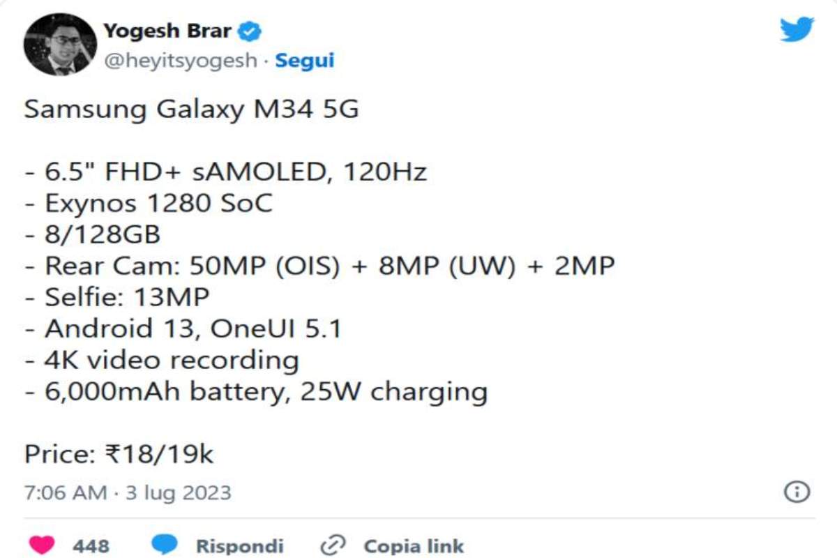 Technical sheet of the new Galaxy M34 5G